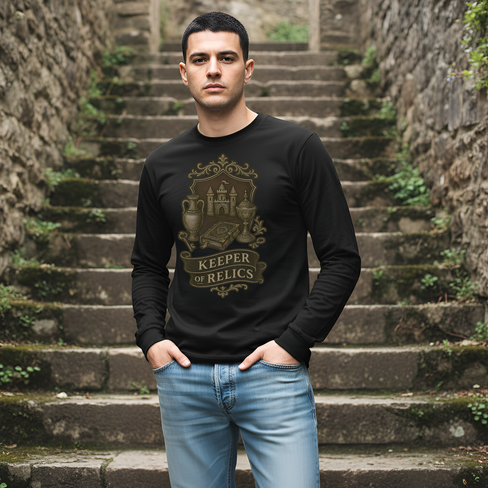 Man wearing a black sweatshirt with 'Keeper of Relics' design on stone steps.