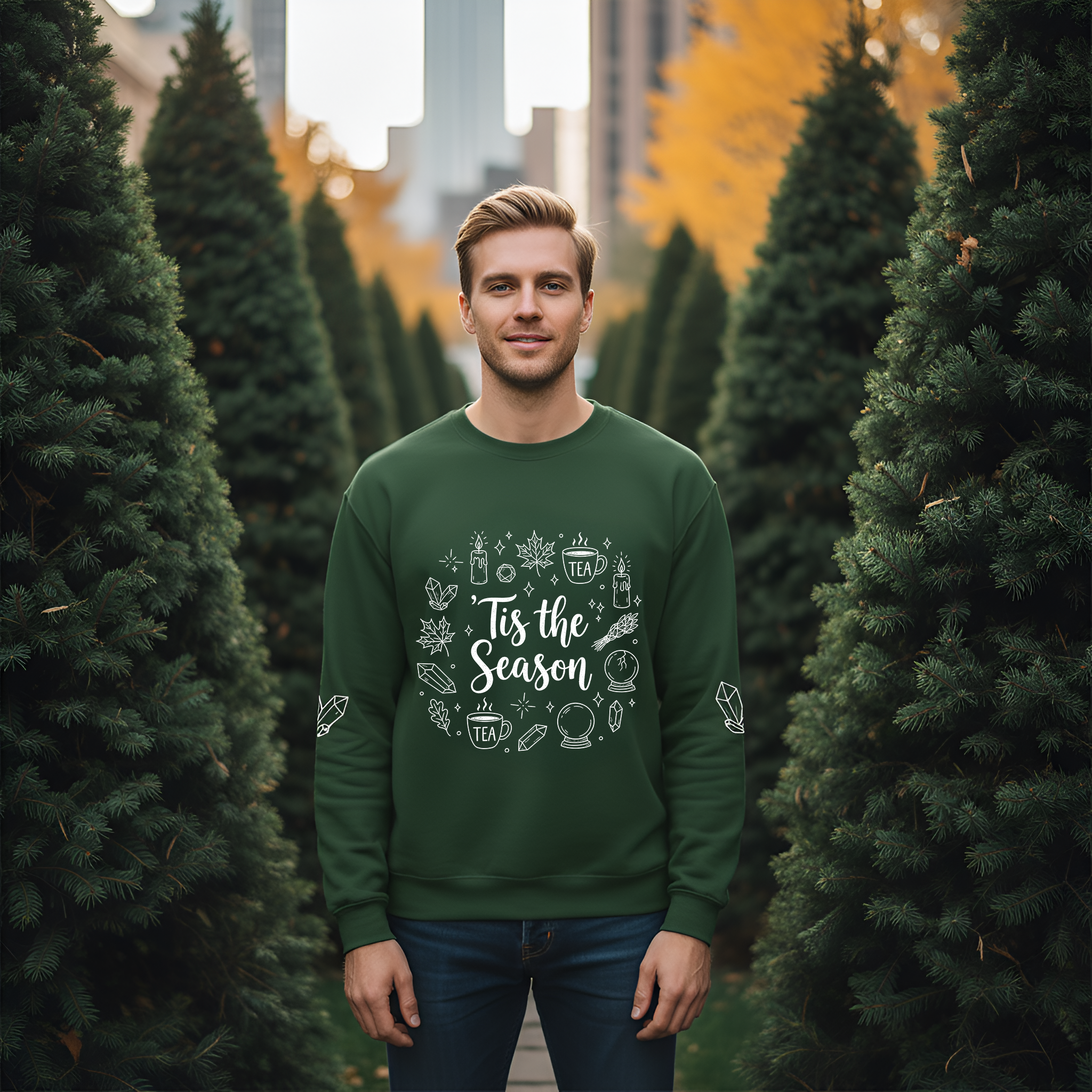 Tis the Season Doodles Sweatshirt | Mystical Celestial Holiday Mystic Crewneck with Printed Sleeves