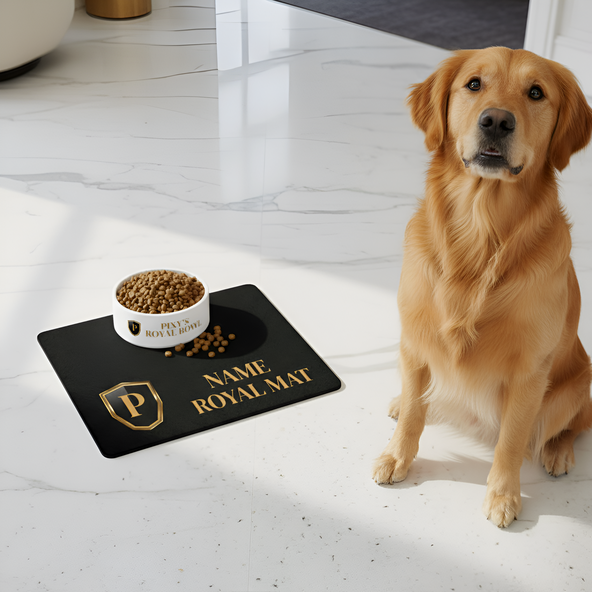 Gold Crest Monogram Pet Food Mat | Personalized Royal Pet Placemat