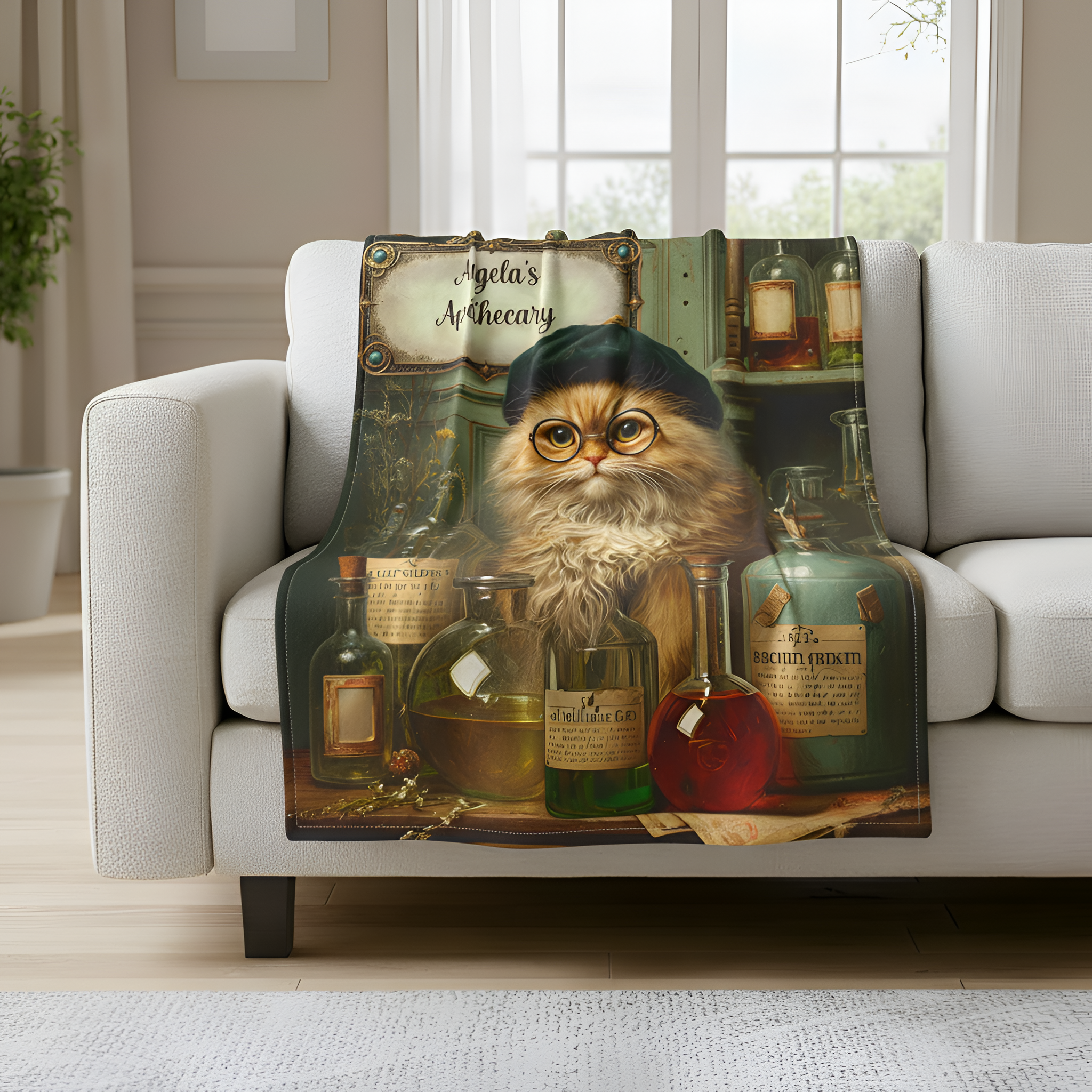 Apothecary Cat Personalized Plush Blanket | Custom Name Witchy Poetcore Throw for Cat Lovers