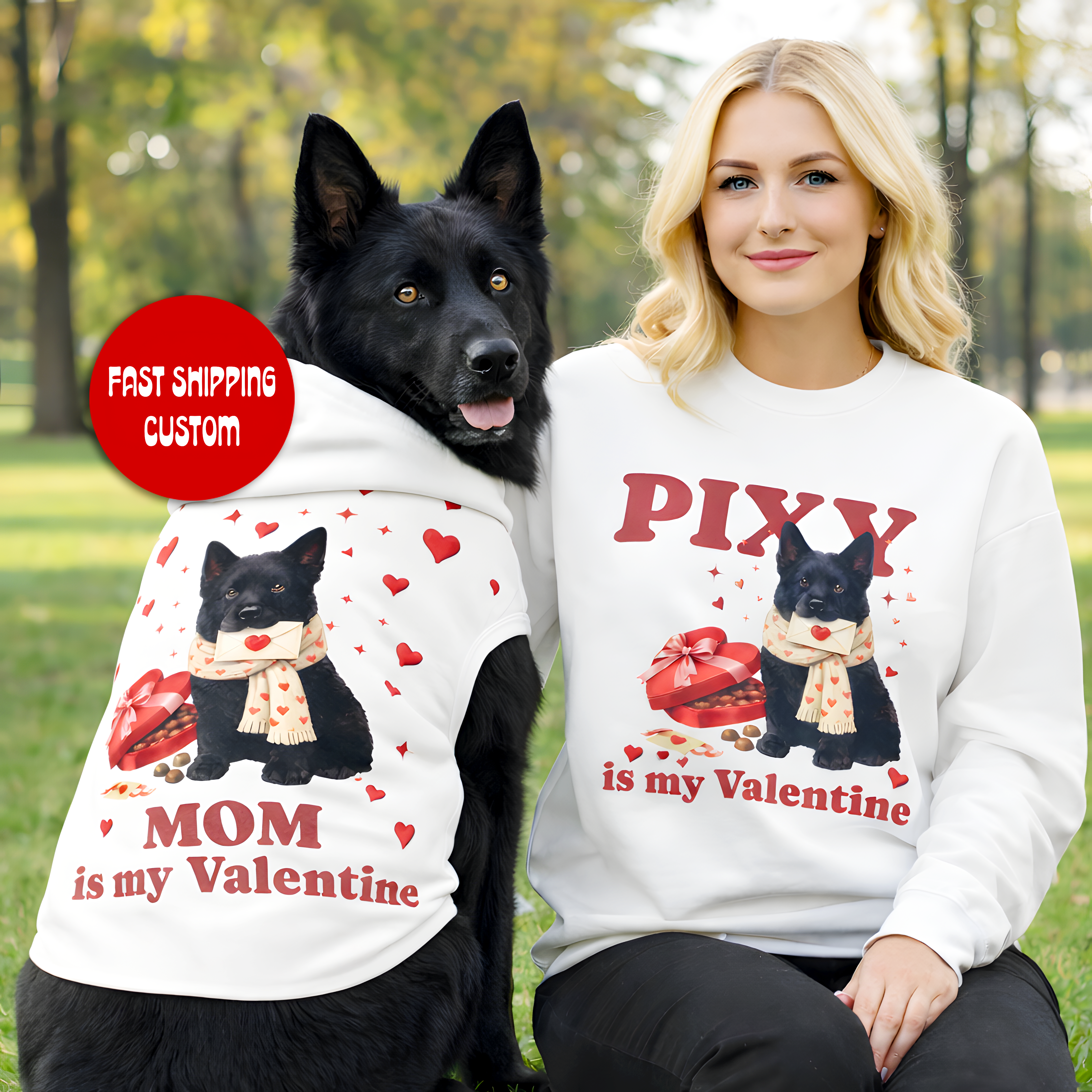 Matching Dog and Owner Valentine Outfit | Black German Shepherd Pullover Sweatshirt and Dog Hoodie Set