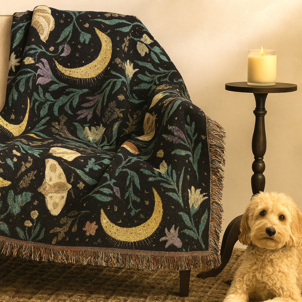 Celestial Moth Blanket | Botanical Woven Throw, Cottagecore Tapestry, Cozy Fall Decor, Mystical Boho Home Gift
