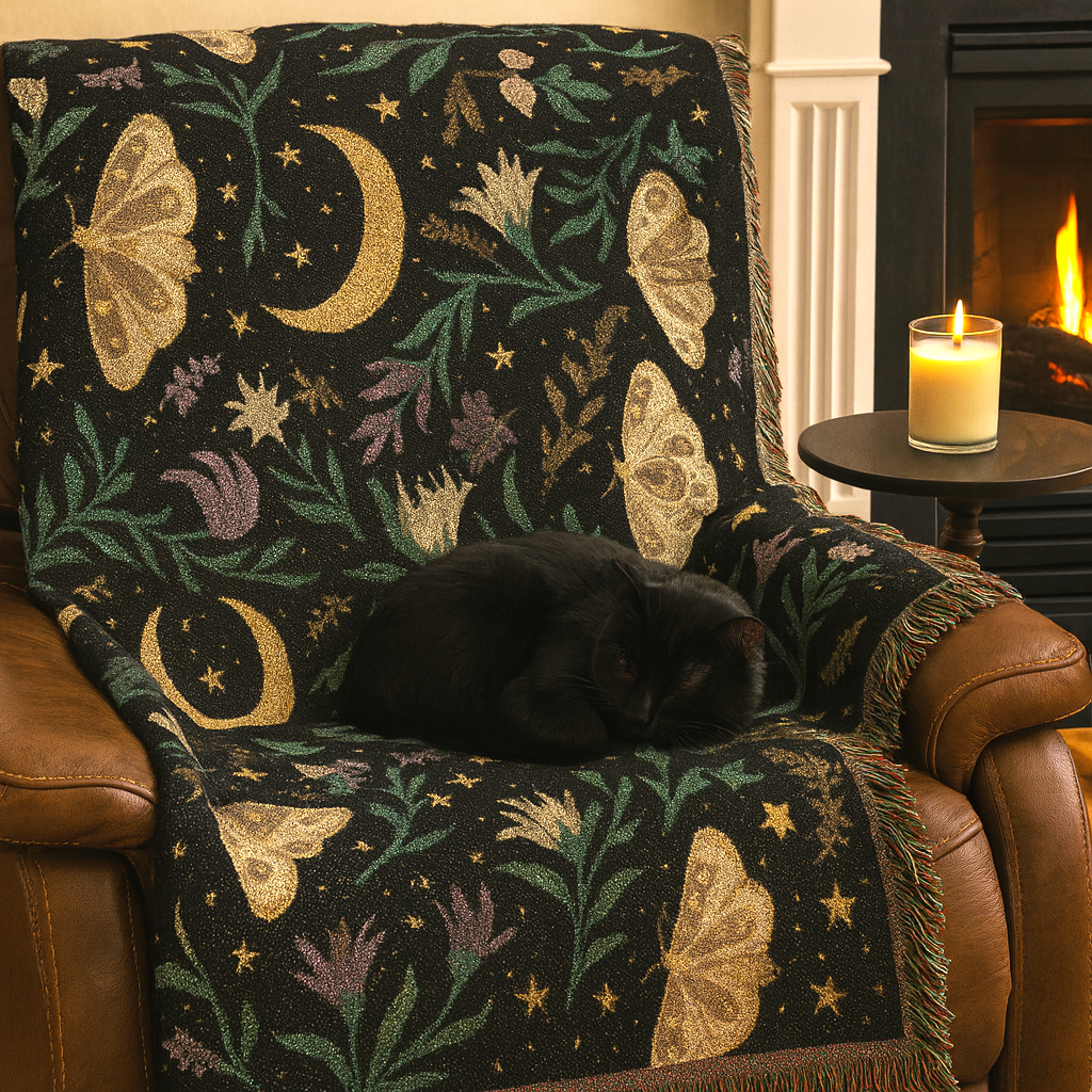 Celestial Moth Blanket | Botanical Woven Throw, Cottagecore Tapestry, Cozy Fall Decor, Mystical Boho Home Gift