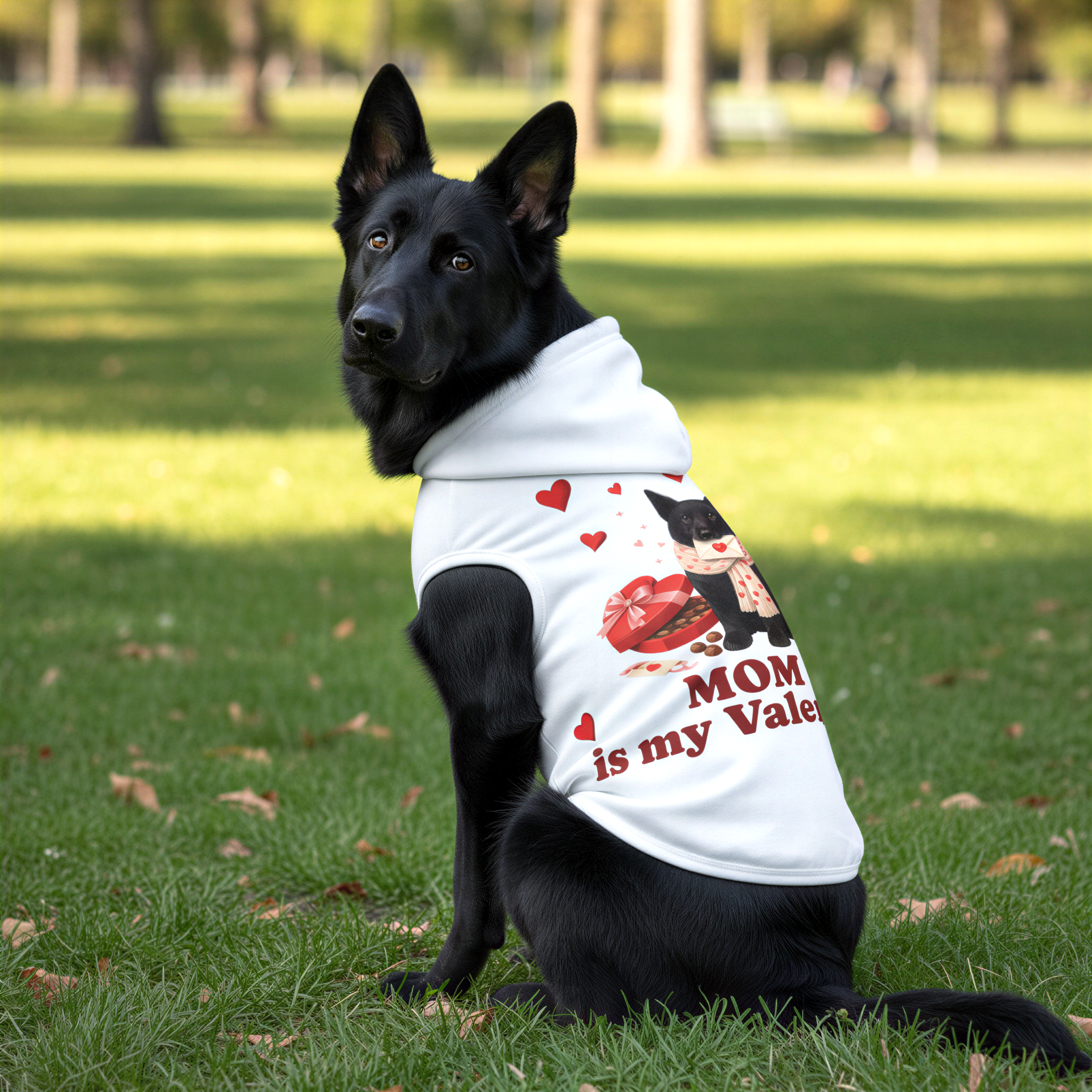 Black dog wearing a Valentine's Day-themed shirt with 'Mom is my Val' text, sitting on grass.