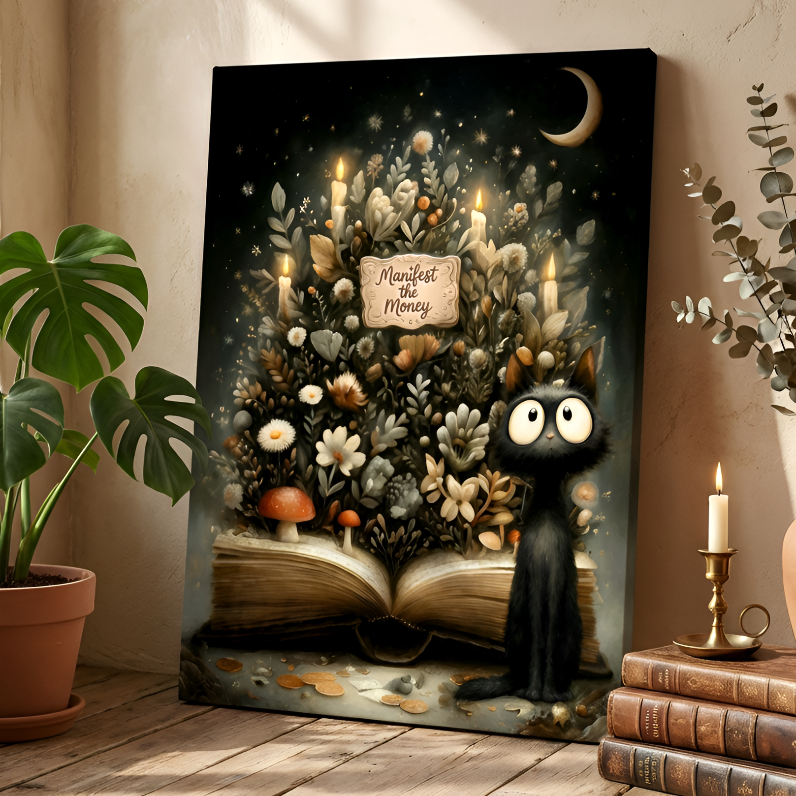 Canvas print with a black cat, open book, and candles on a wall.