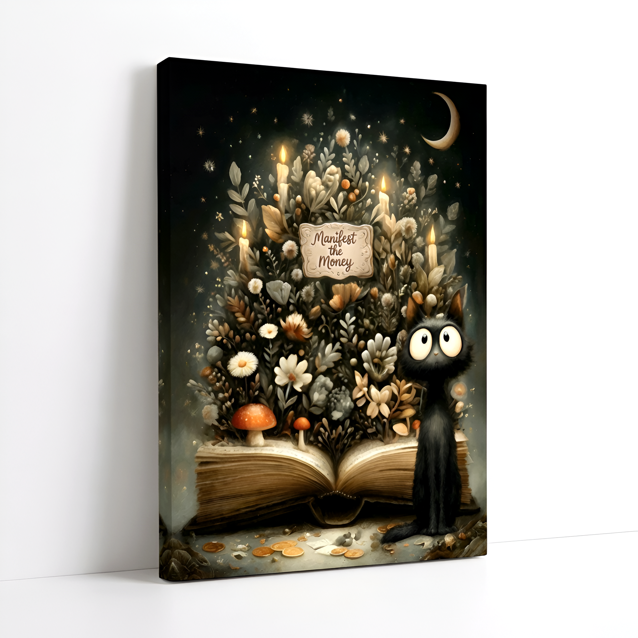Manifest the Money Canvas Art | Mystical Black Cat Floral Painting for Cozy Home Decor