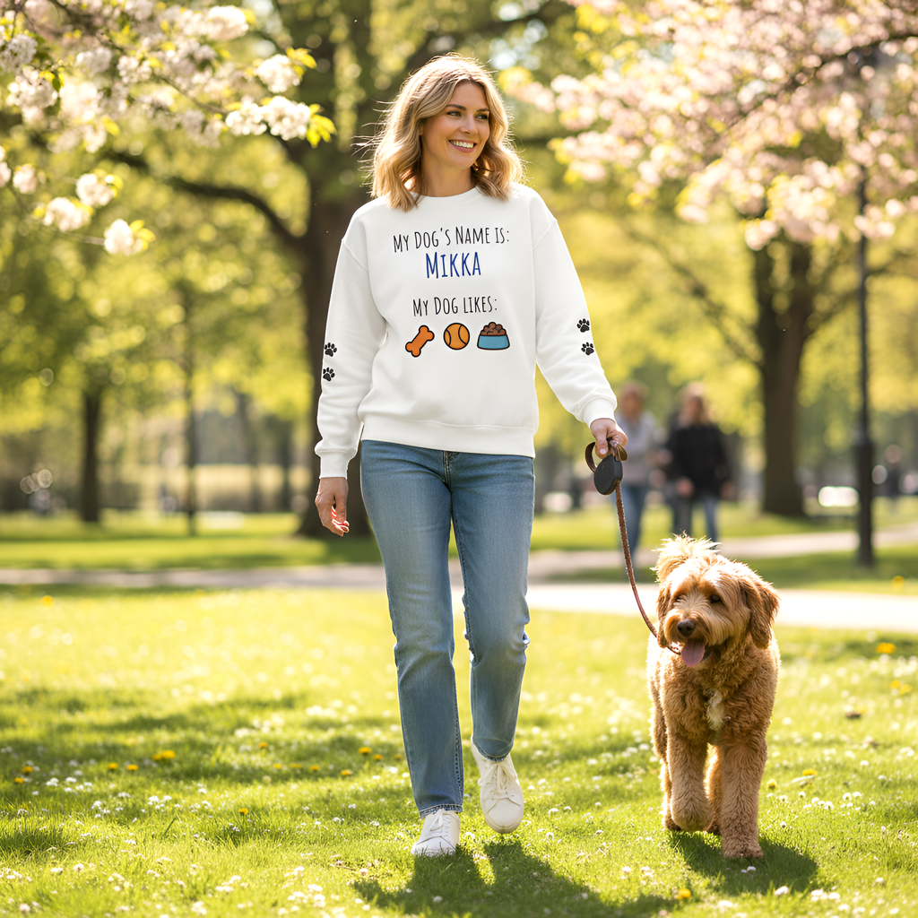 Dog Personalized My Dog's Name Is... Name Sweatshirt with Paw Print Sleeves | Custom Pet Lover Gift for Dog Moms & Dads