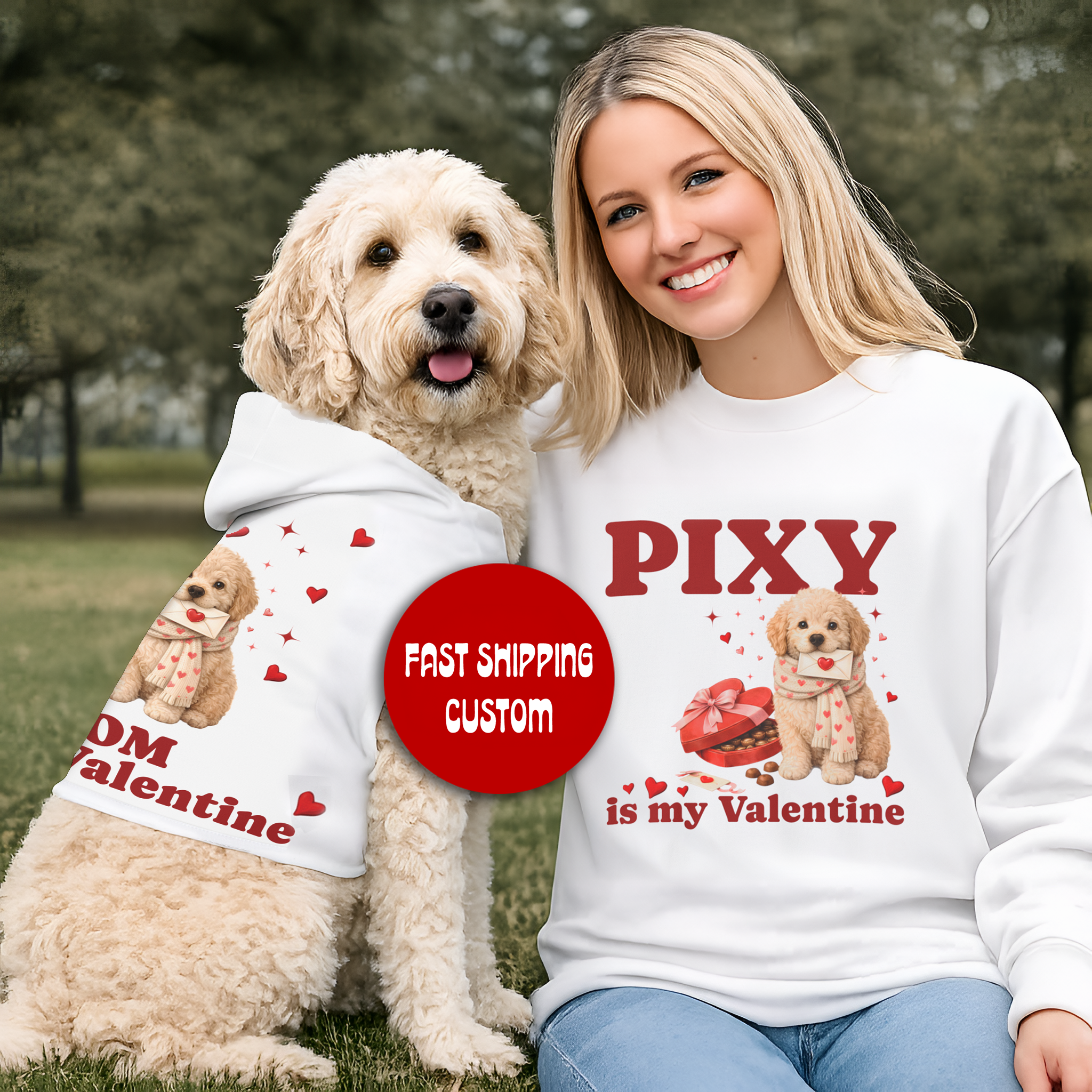 Woman and dog wearing Valentine-themed shirts with a red circle label.