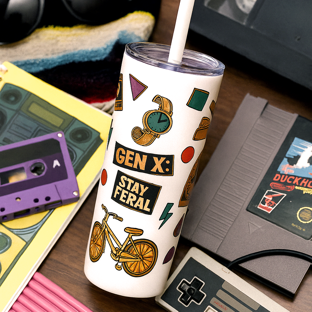 Tumbler with 'Gen X: Stay Feral' design on a table with retro items