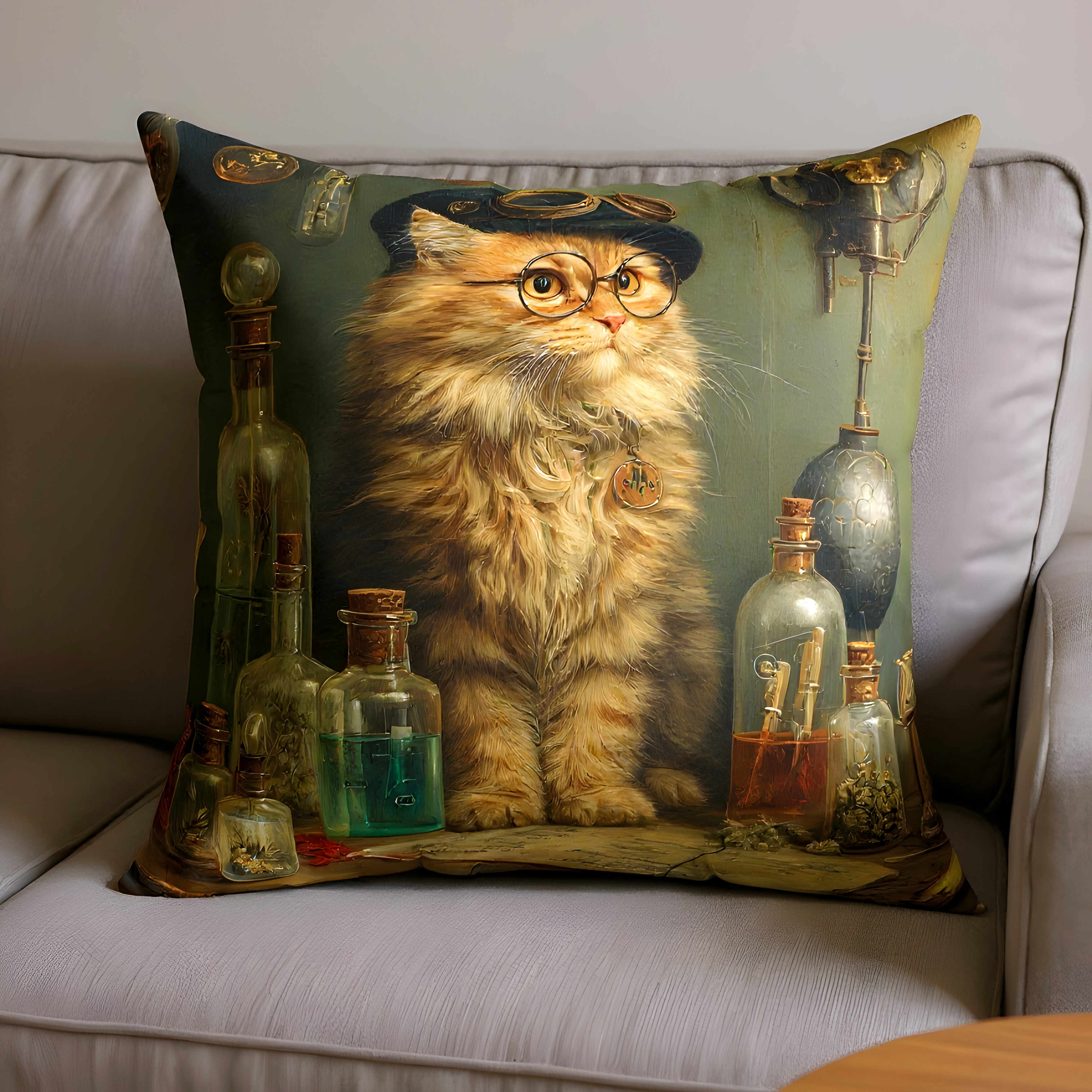 Decorative pillow with a cat wearing glasses and a hat, surrounded by bottles on a couch.
