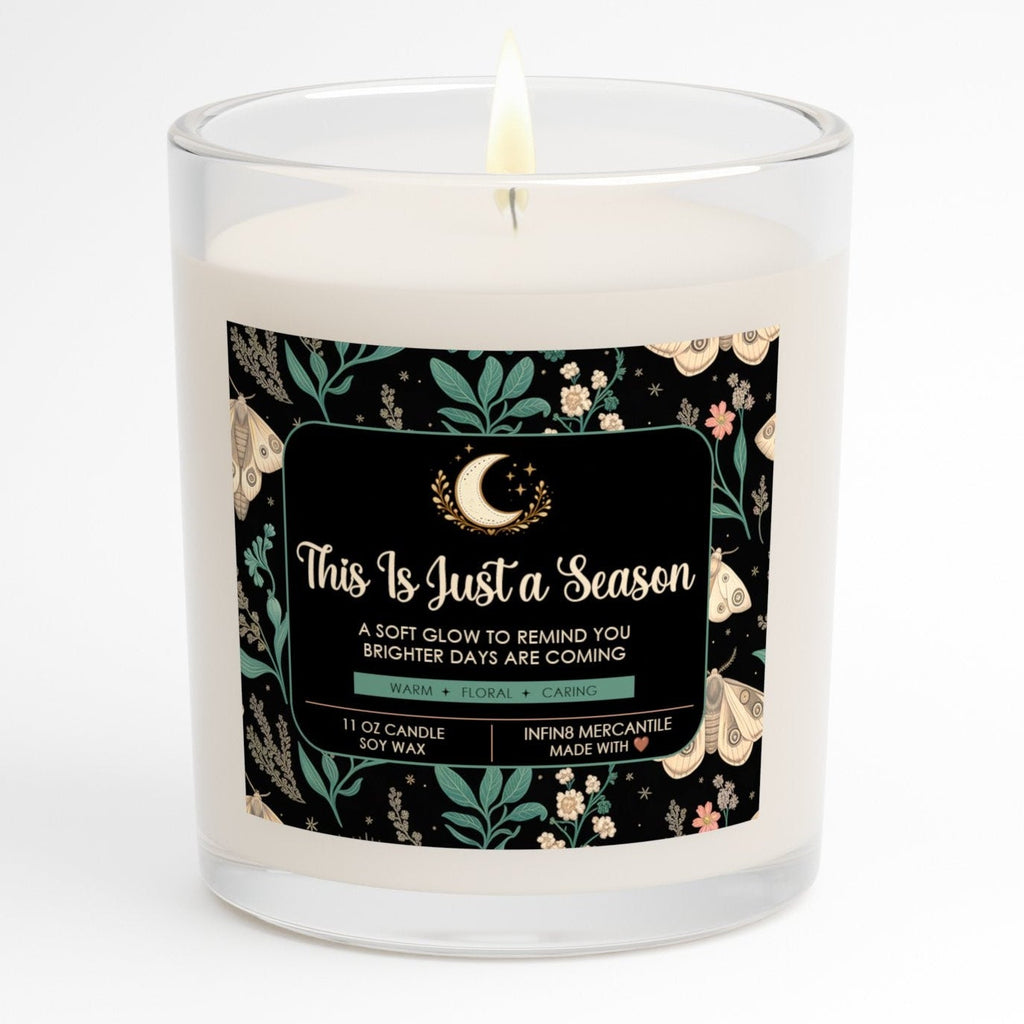 Candle with a decorative label on a white background