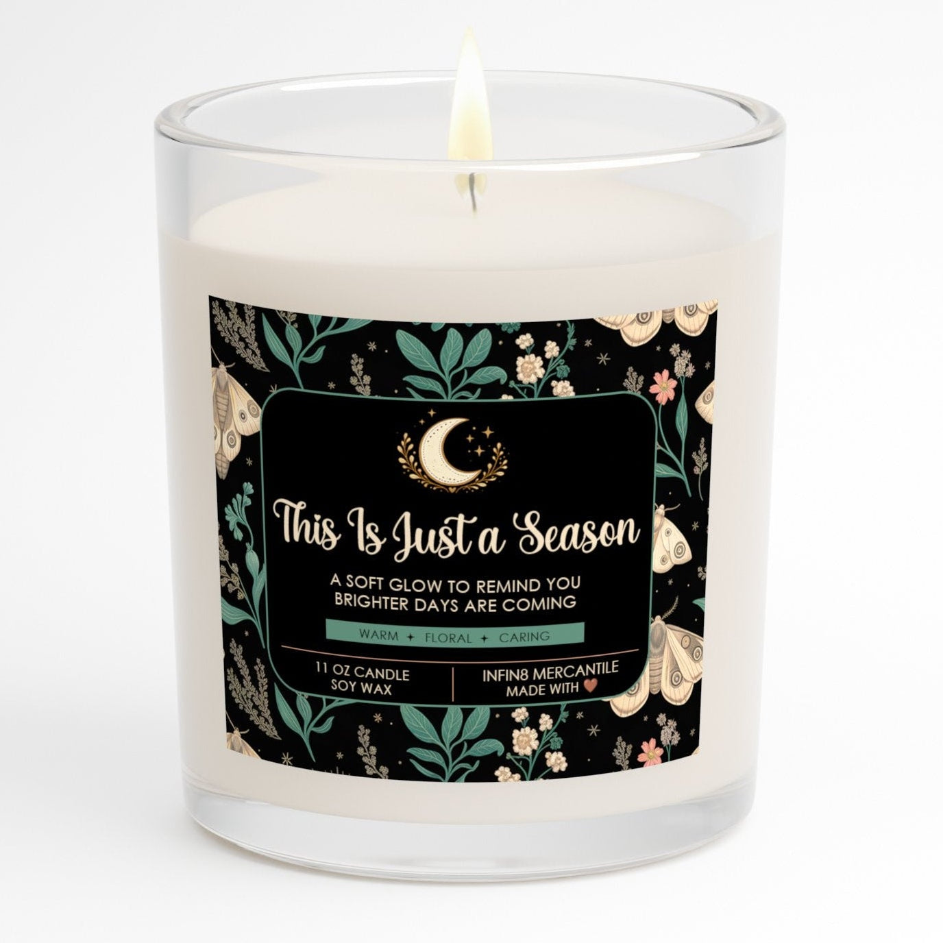 Candle with a decorative label on a white background