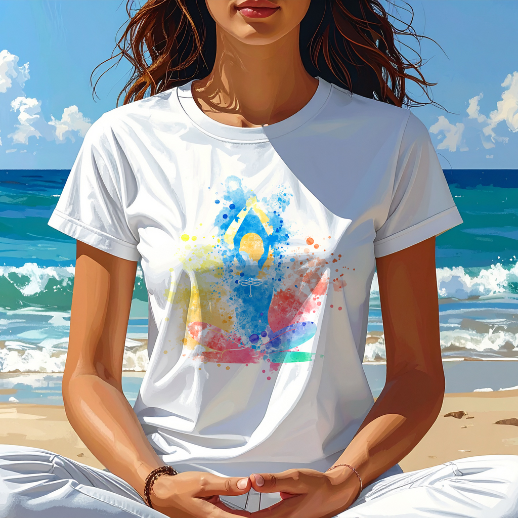 Person wearing a white t-shirt with a colorful design sitting on a beach.