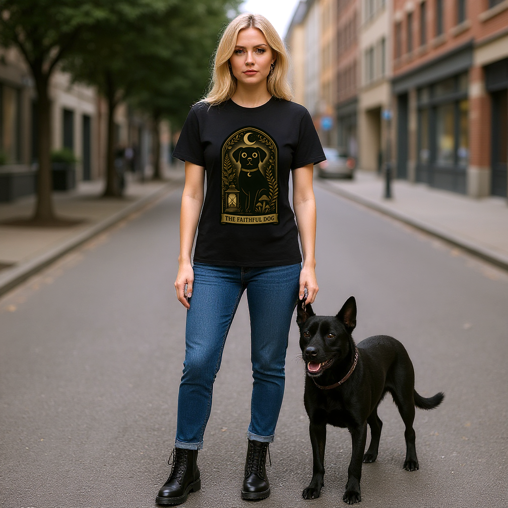 Woman wearing a black t-shirt with a graphic design and blue jeans, standing on a street with a black dog.