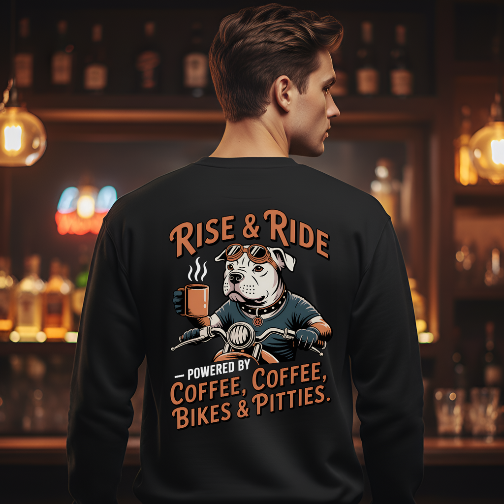 White Pitbull Biker Coffee Pullover | Men's Motorcycle Shirt