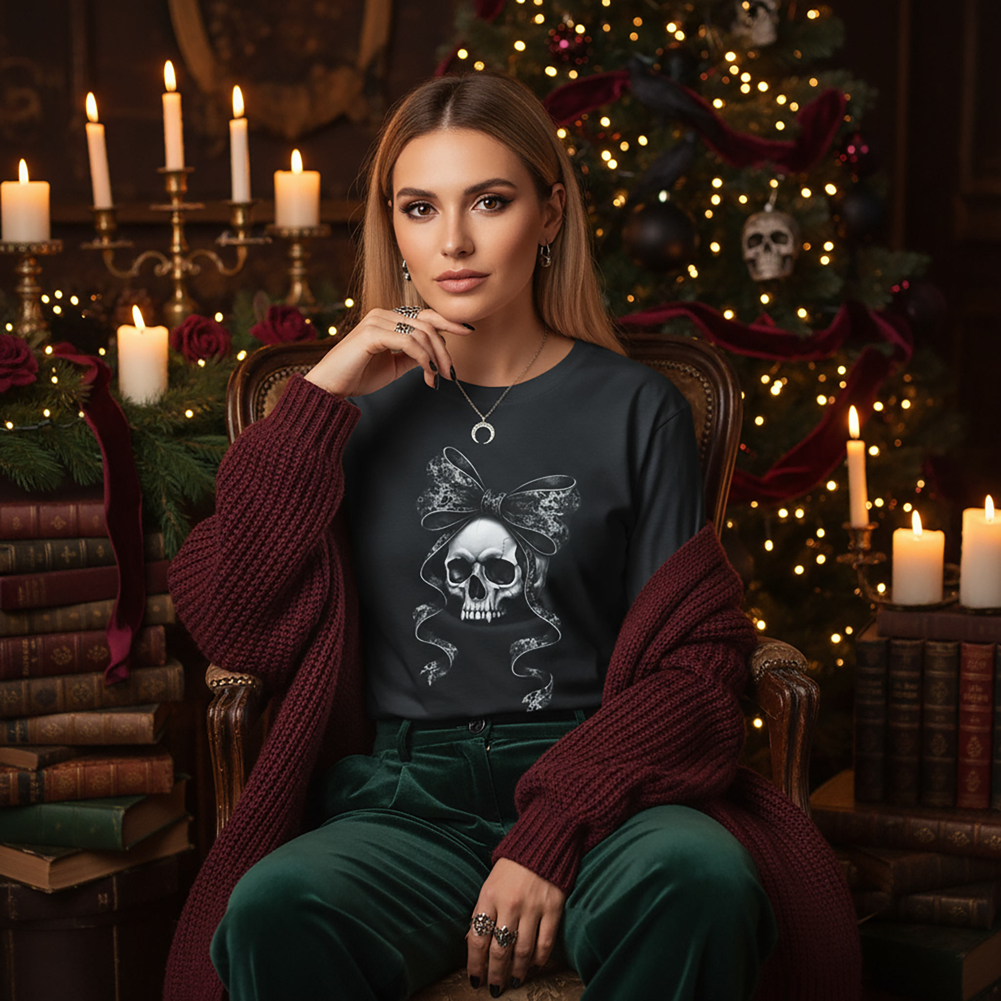 Gothmas Skull Bow Shirt | Dark Holiday Tee for Gothic Christmas Lovers
