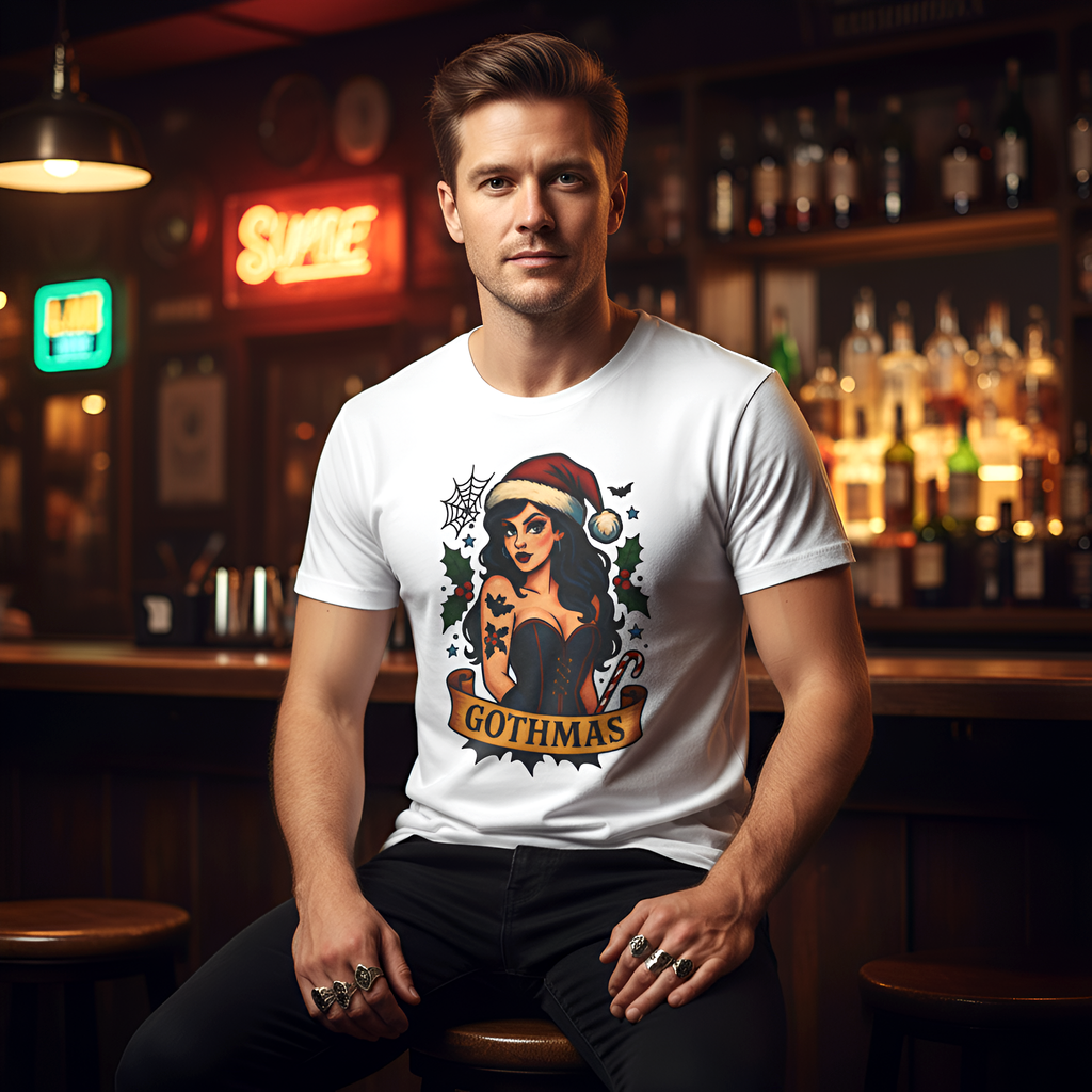 Man wearing a white t-shirt with a graphic design in a bar setting