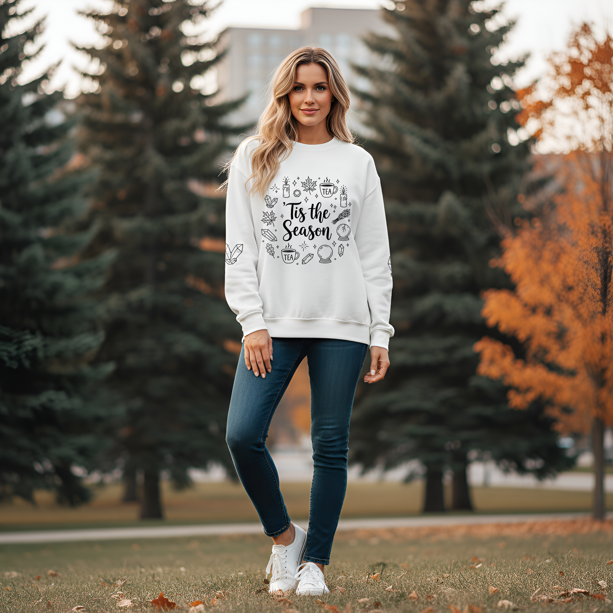 Tis the Season Doodles Sweatshirt | Mystical Celestial Holiday Mystic Crewneck with Printed Sleeves