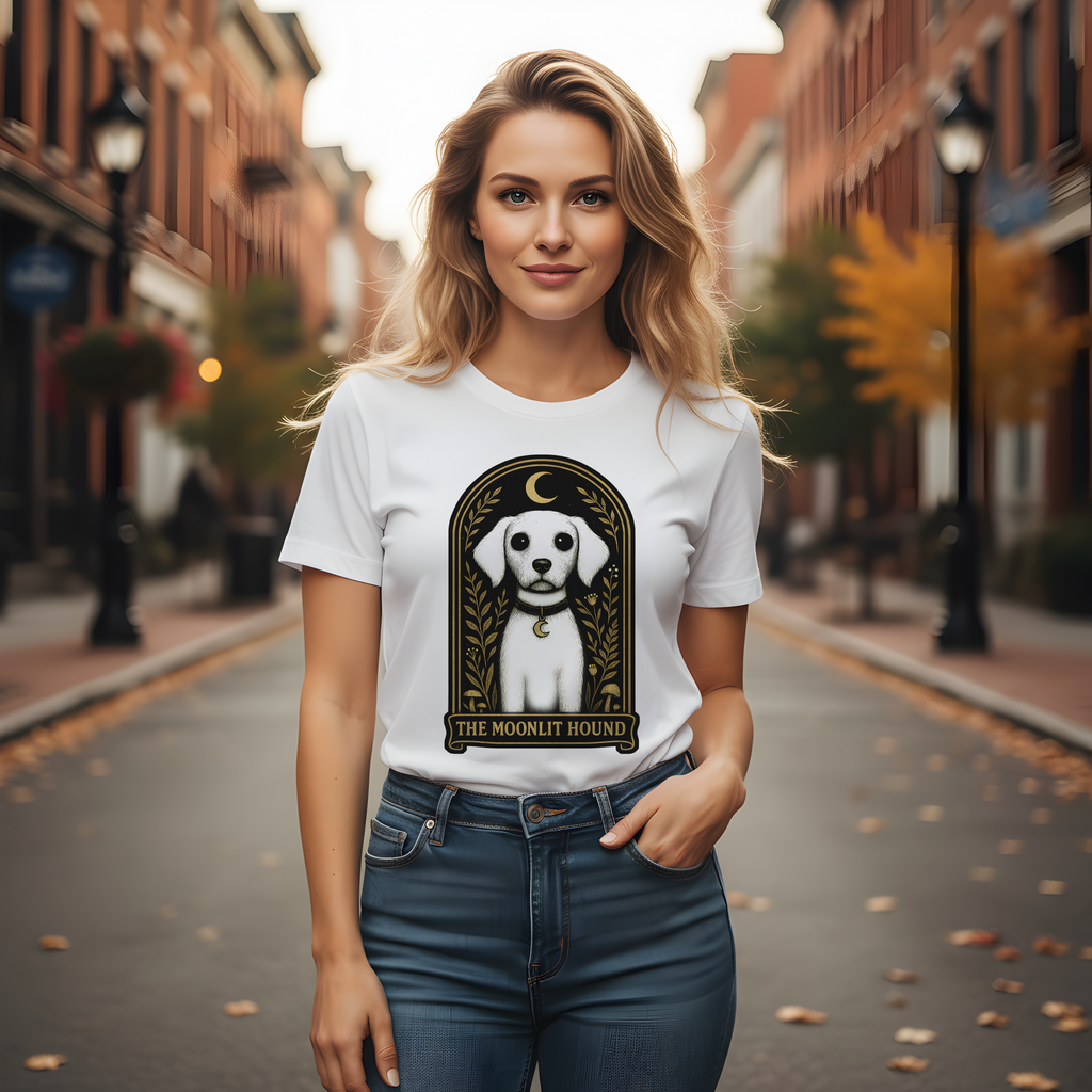 The Moonlit Hound T-Shirt | The Forest Gaden White Dog Art Tee for Pet Lovers