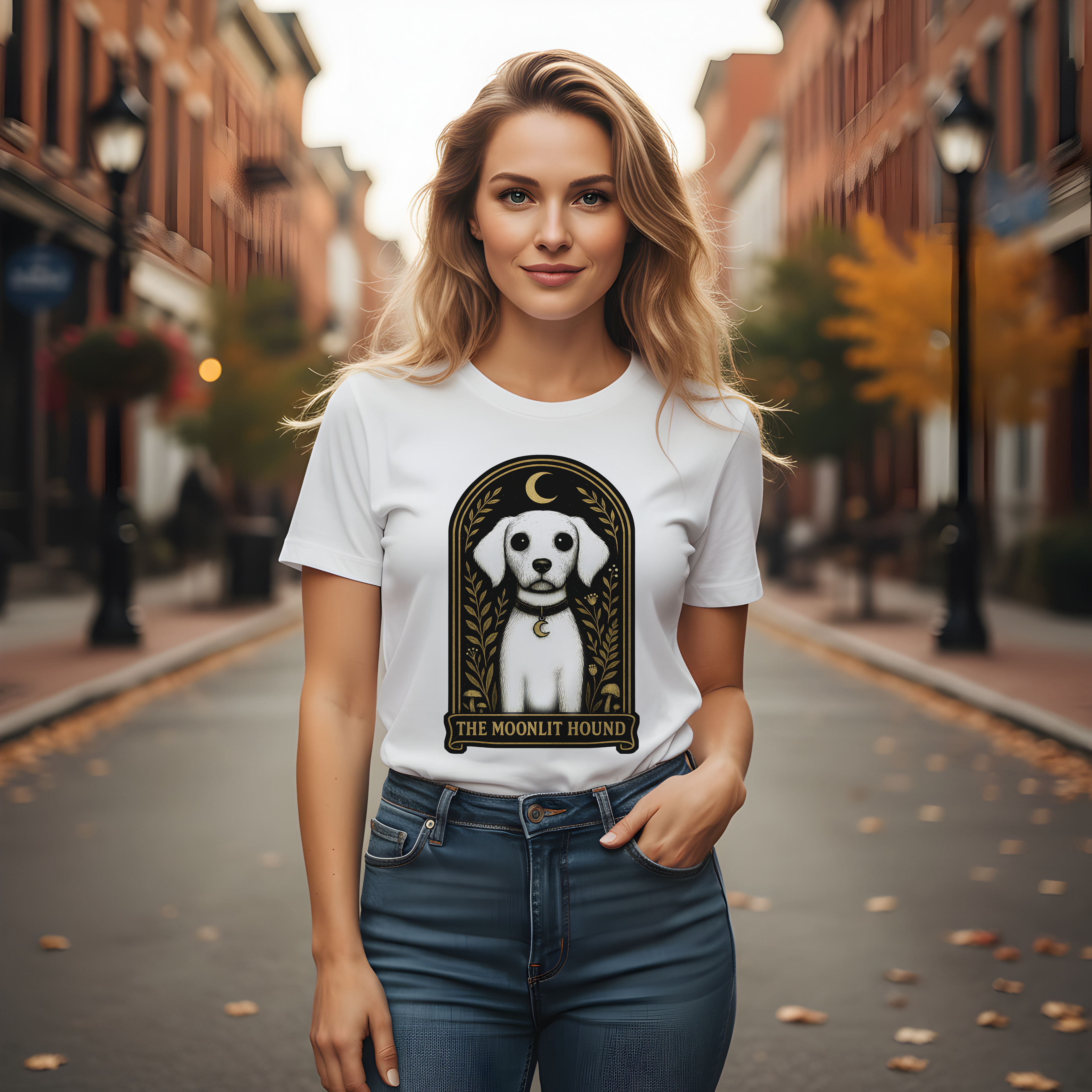 The Moonlit Hound T-Shirt | The Forest Gaden White Dog Art Tee for Pet Lovers
