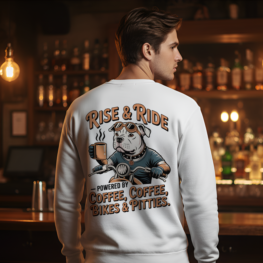 White Pitbull Biker Coffee Pullover | Men's Motorcycle Shirt