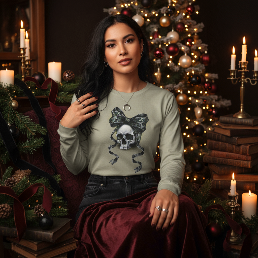 Gothmas Skull Bow Shirt | Dark Holiday Tee for Gothic Christmas Lovers