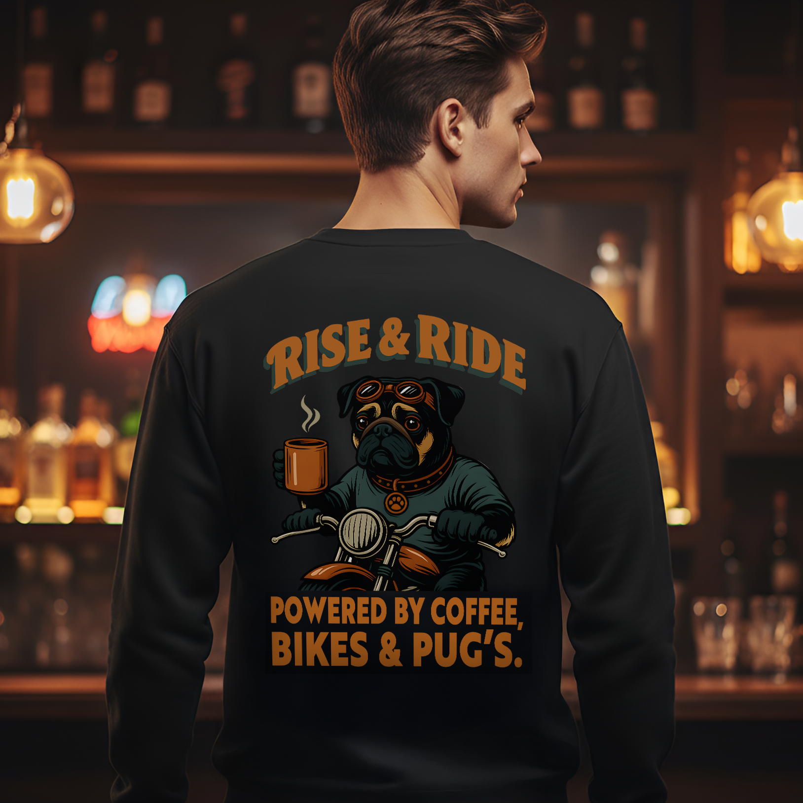 Person wearing a black sweatshirt with a graphic design and text in a bar setting