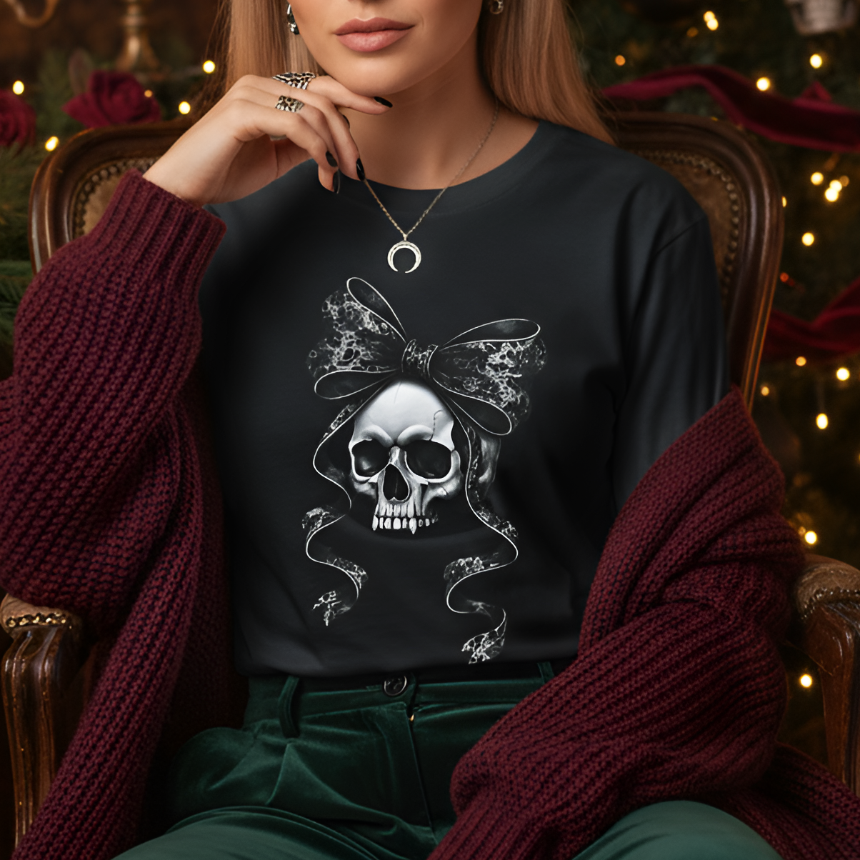 Gothmas Skull Bow Shirt | Dark Holiday Tee for Gothic Christmas Lovers