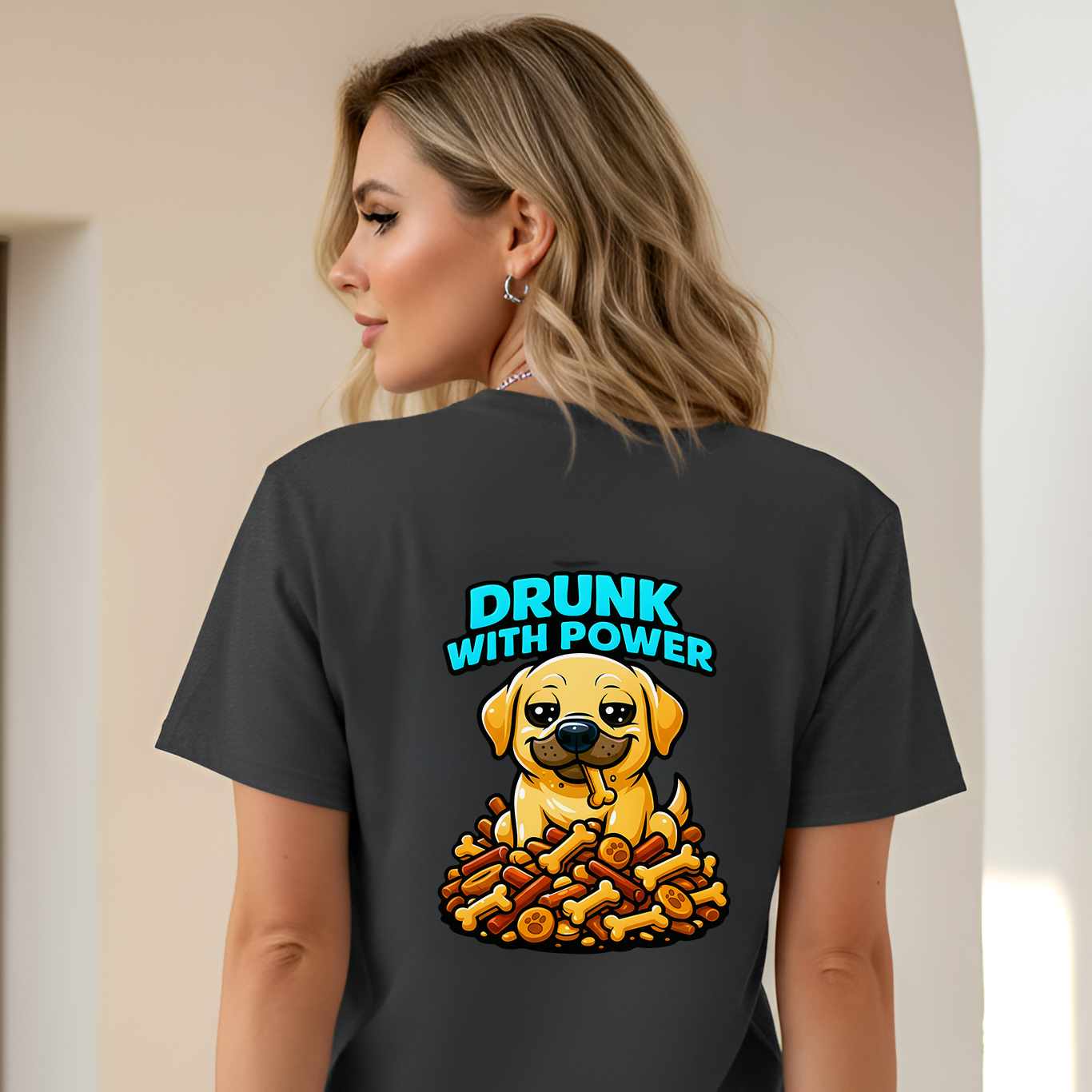 Person wearing a black t-shirt with a dog graphic and text 'Drunk with Power' on the back.