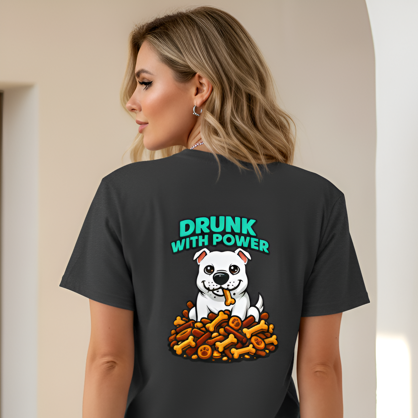 Dog Personalized White Pitbull Lover T-Shirt | Drunk With Power Funny Pittie Tee with Front & Back Print