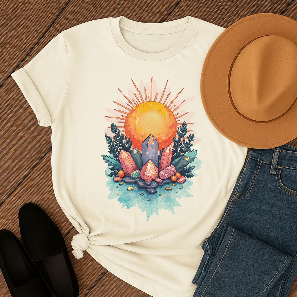 Crystal Sun T‑Shirt | Mystical Cotton Graphic Tee, Spiritual Nature Top, Boho Frequency Gift for Her