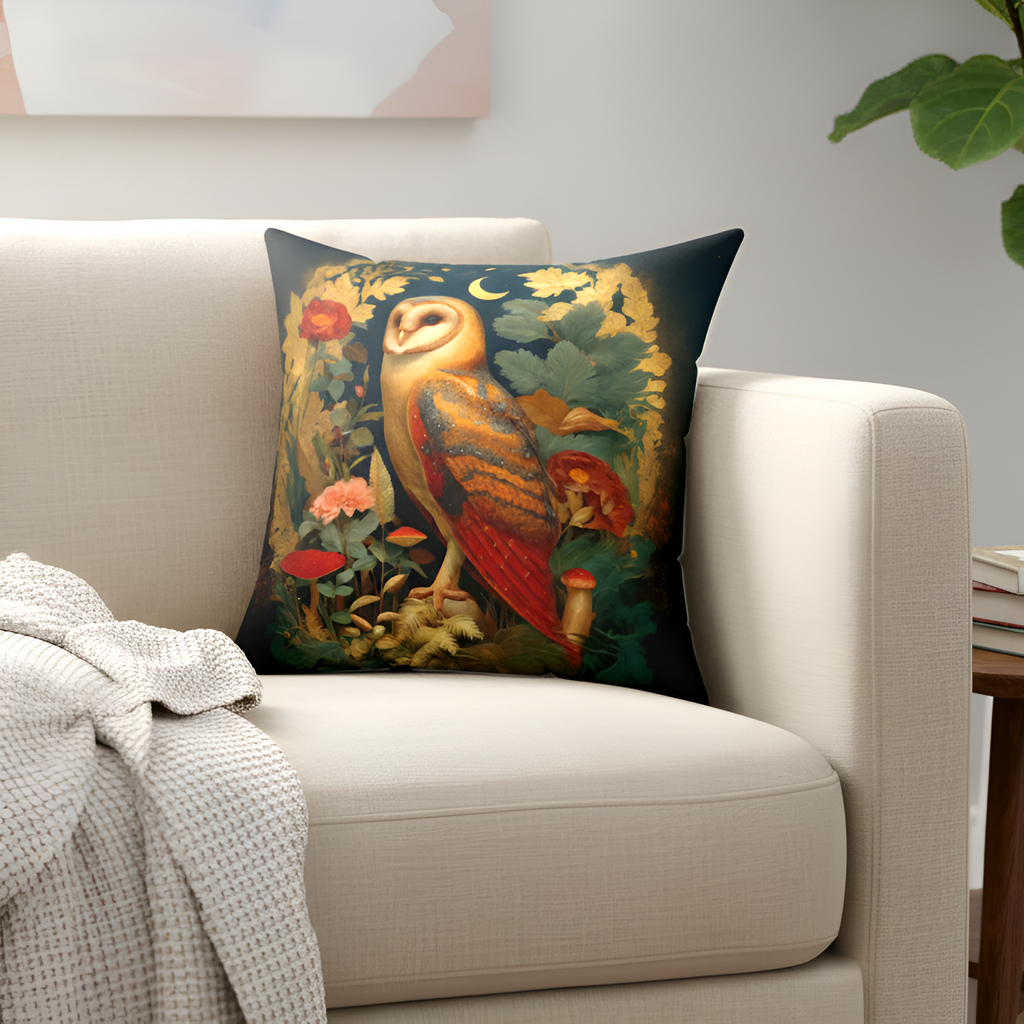 Owl woodland accent pillow with gold, navy, and botanical details on a beige couch.