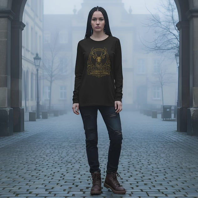 Guardian of the Northern Woods Long Sleeve Tee | Castlecore stag crest shirt inspired by medieval nature and royal fantasy design
