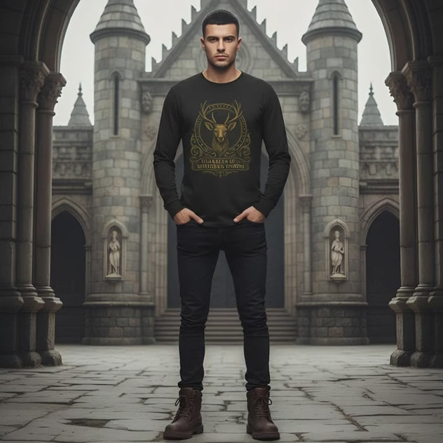 Guardian of the Northern Woods Long Sleeve Tee | Castlecore stag crest shirt inspired by medieval nature and royal fantasy design