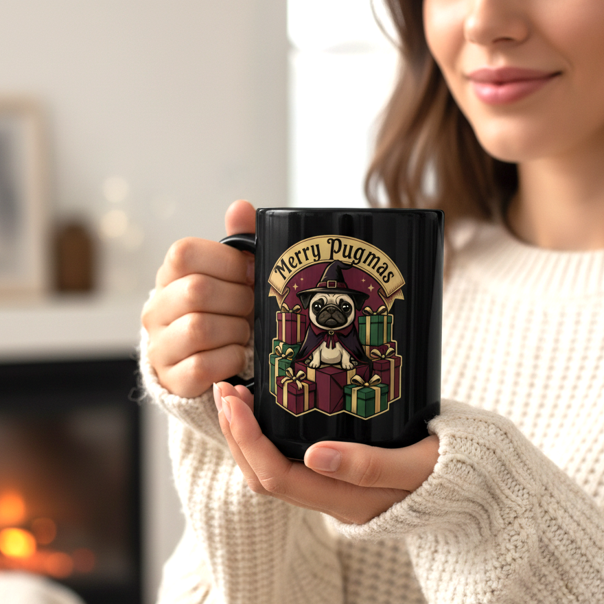 Merry Pugmas Pug with Presents Mug | 15oz Black Mug