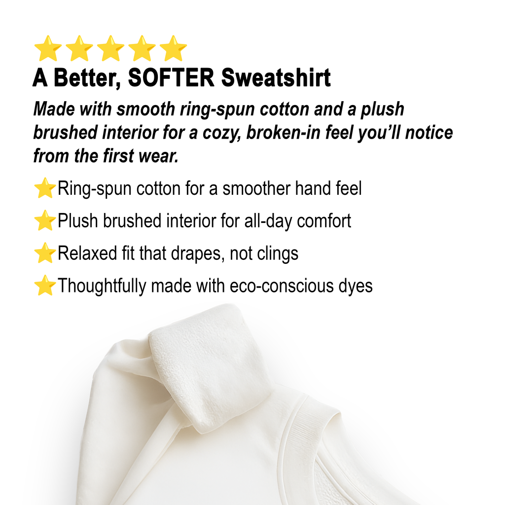 Text description of a better, softer sweatshirt with features listed on a white background.