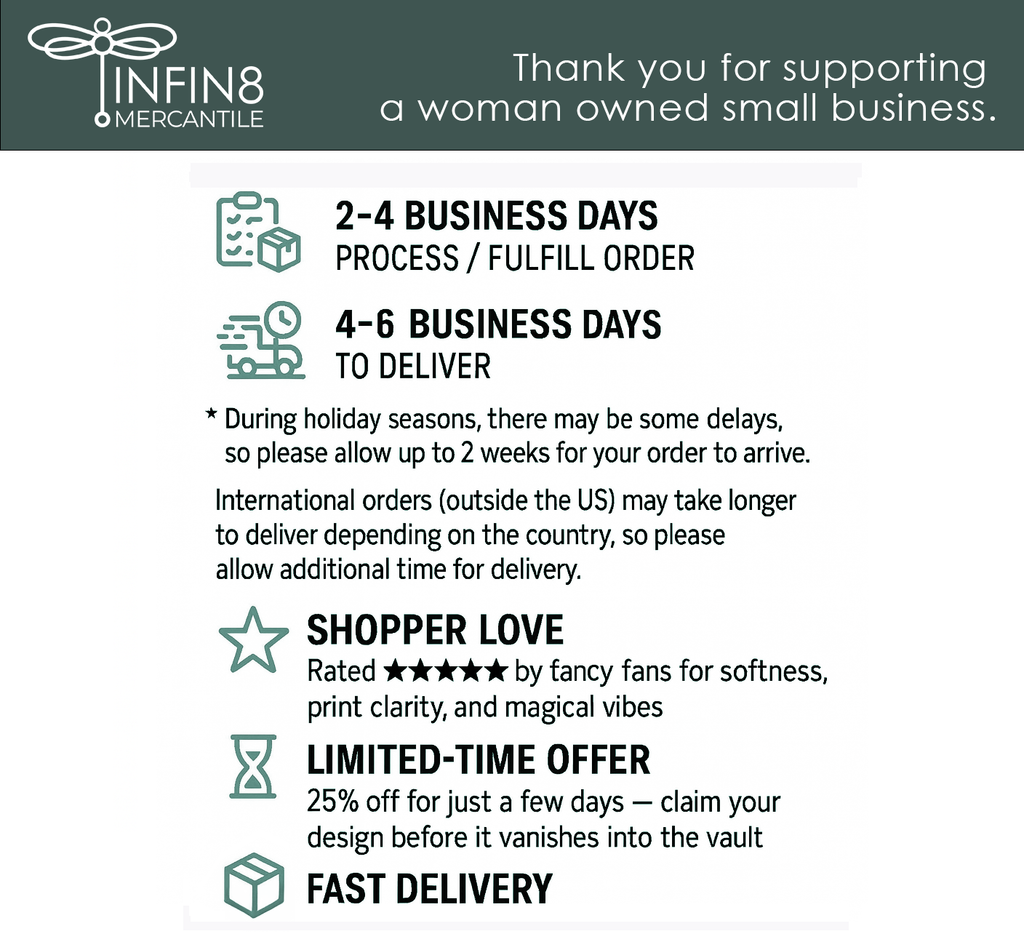 Promotional graphic for Infin8 Mercantile with business process details and promotional offers.