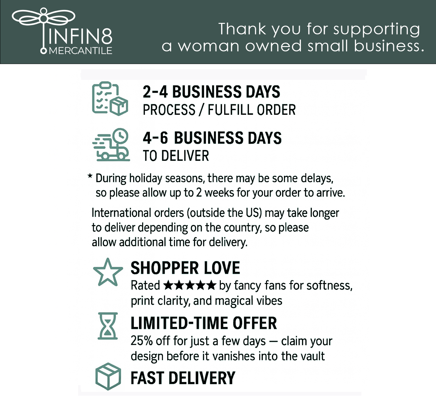Promotional graphic for Infin8 Mercantile with business process details and promotional offers.