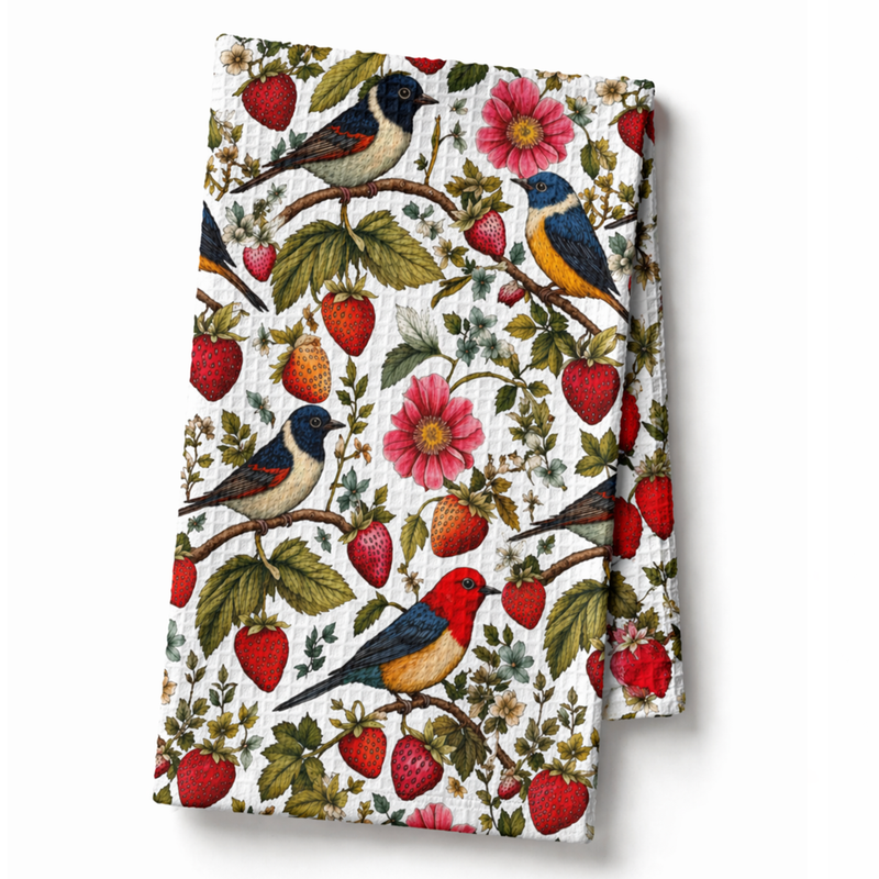 Garden Songbird Strawberry Meadow Waffle Tea Towel