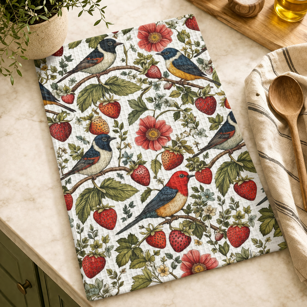 Garden Songbird | Strawberry Meadow Waffle Tea Towel Printify