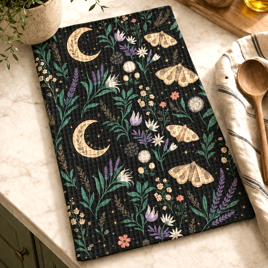 Celestial Moth Kitchen Waffle Tea Towel