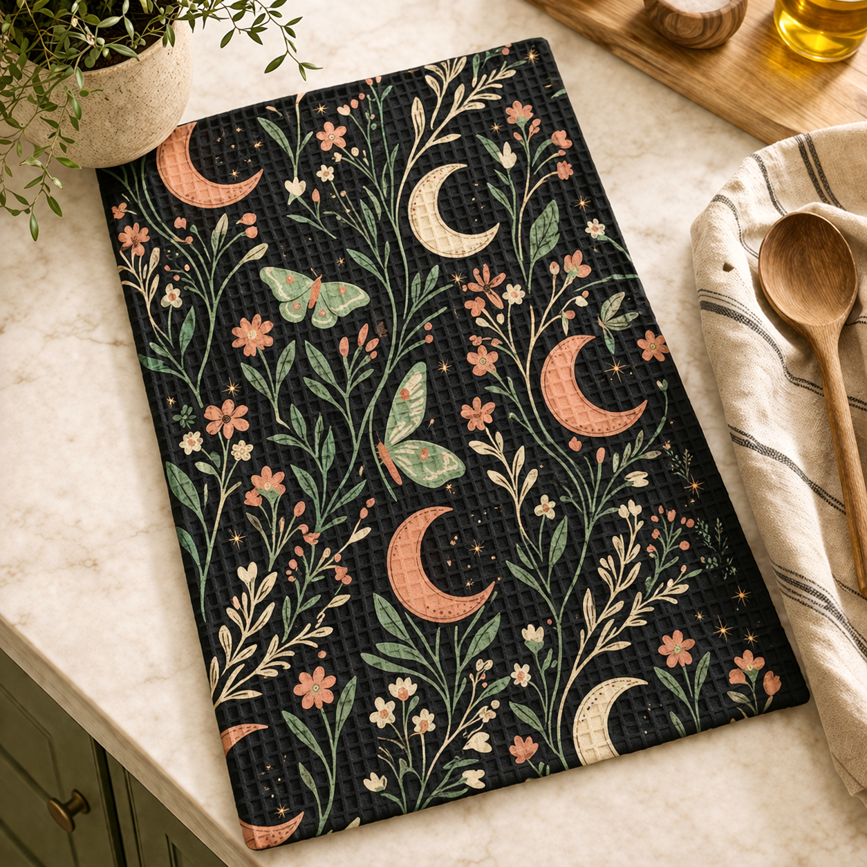 Lunar Moth Garden Kitchen Waffle Tea Towel