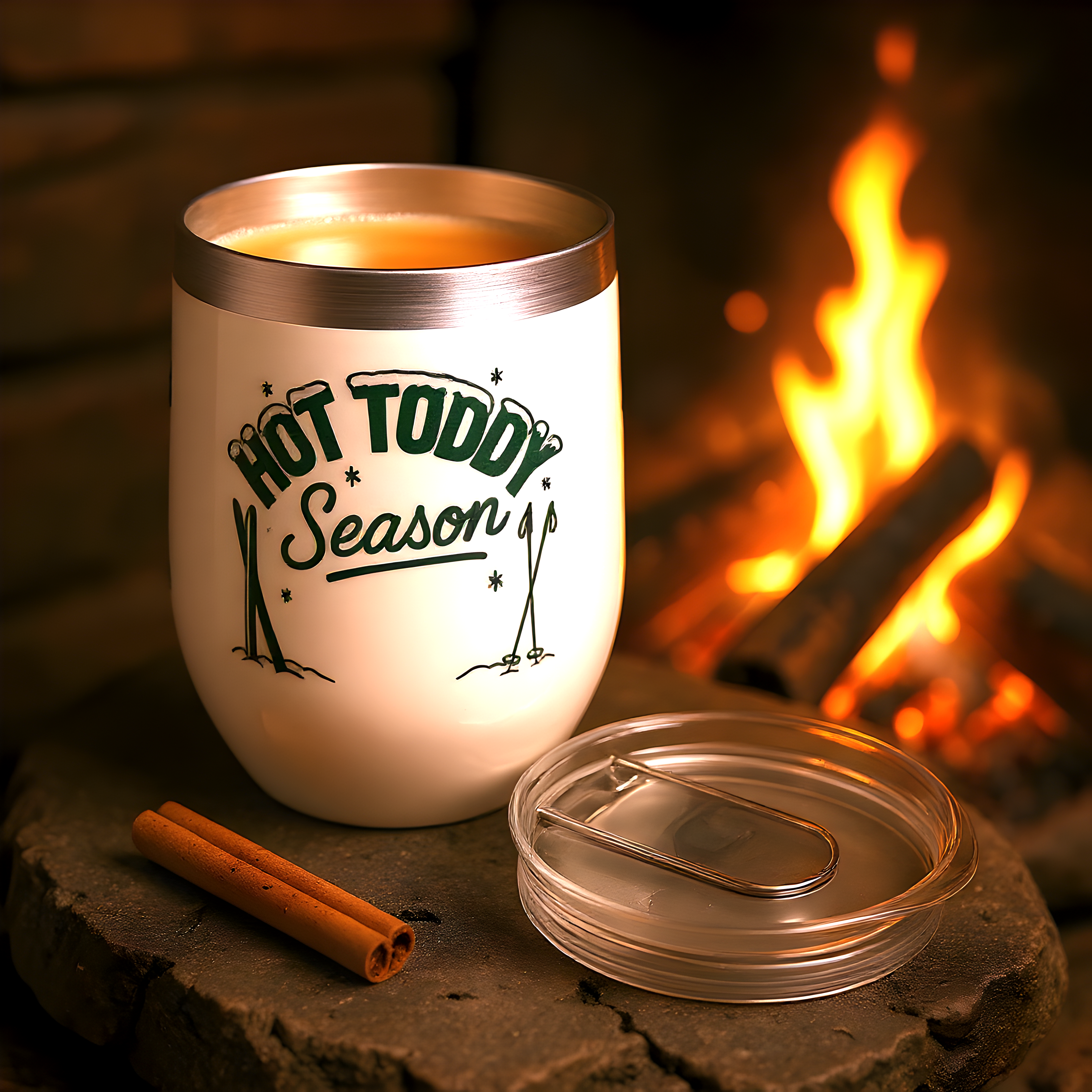 White tumbler with 'Hot Toddy Season' text by a fireplace