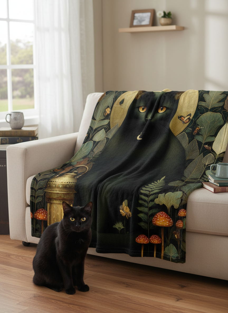 Black cat with a crescent moon symbol in a mystical setting with leaves, mushrooms, and a lantern.