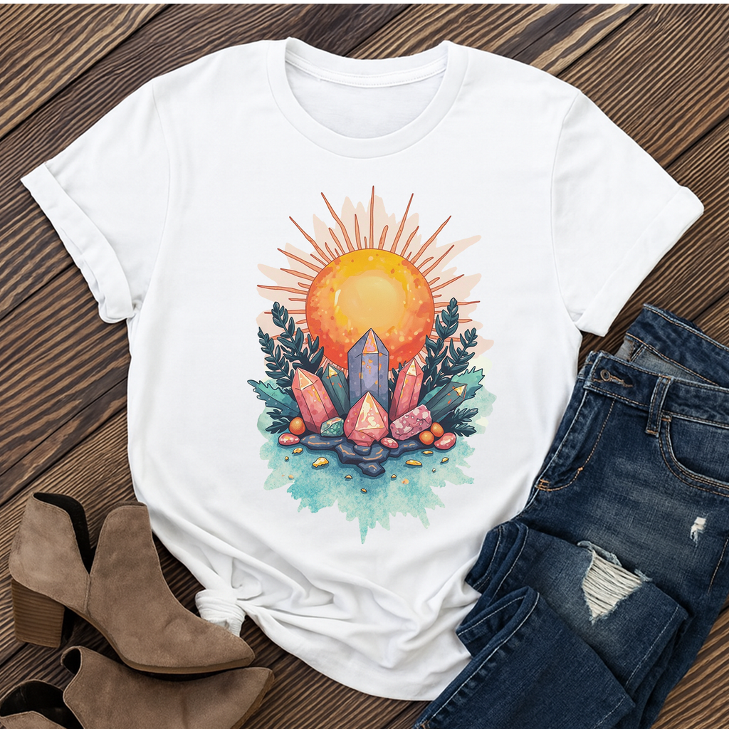 Crystal Sun T‑Shirt | Mystical Cotton Graphic Tee, Spiritual Nature Top, Boho Frequency Gift for Her