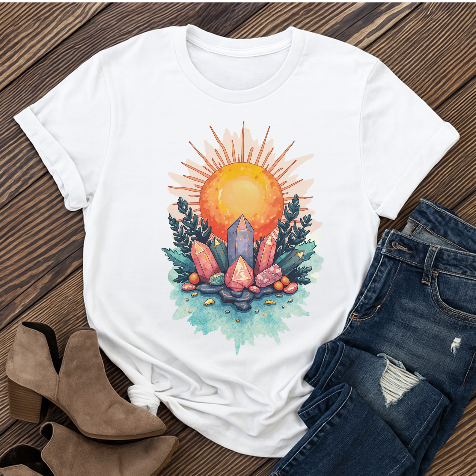Crystal Sun T‑Shirt | Mystical Cotton Graphic Tee, Spiritual Nature Top, Boho Frequency Gift for Her