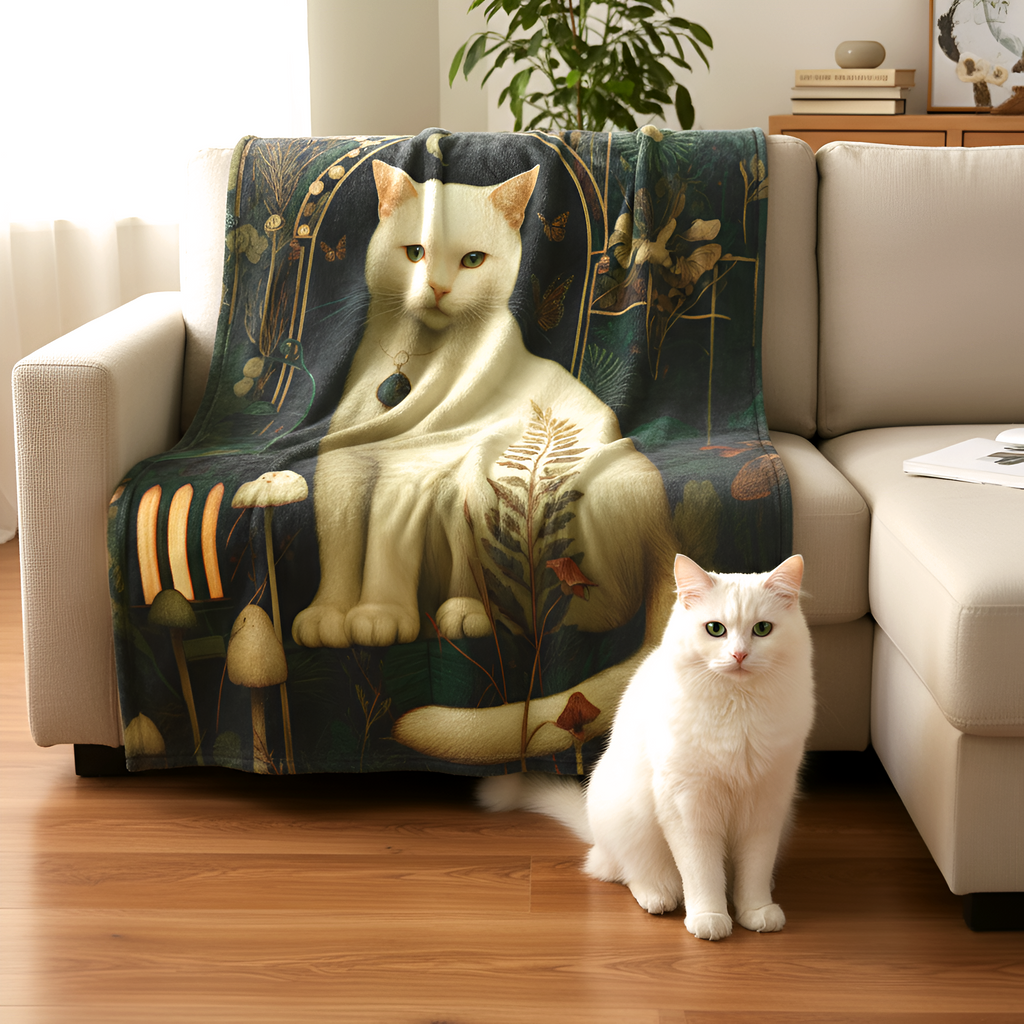 White cat sitting on a decorative blanket with a cat design, next to a beige sofa.