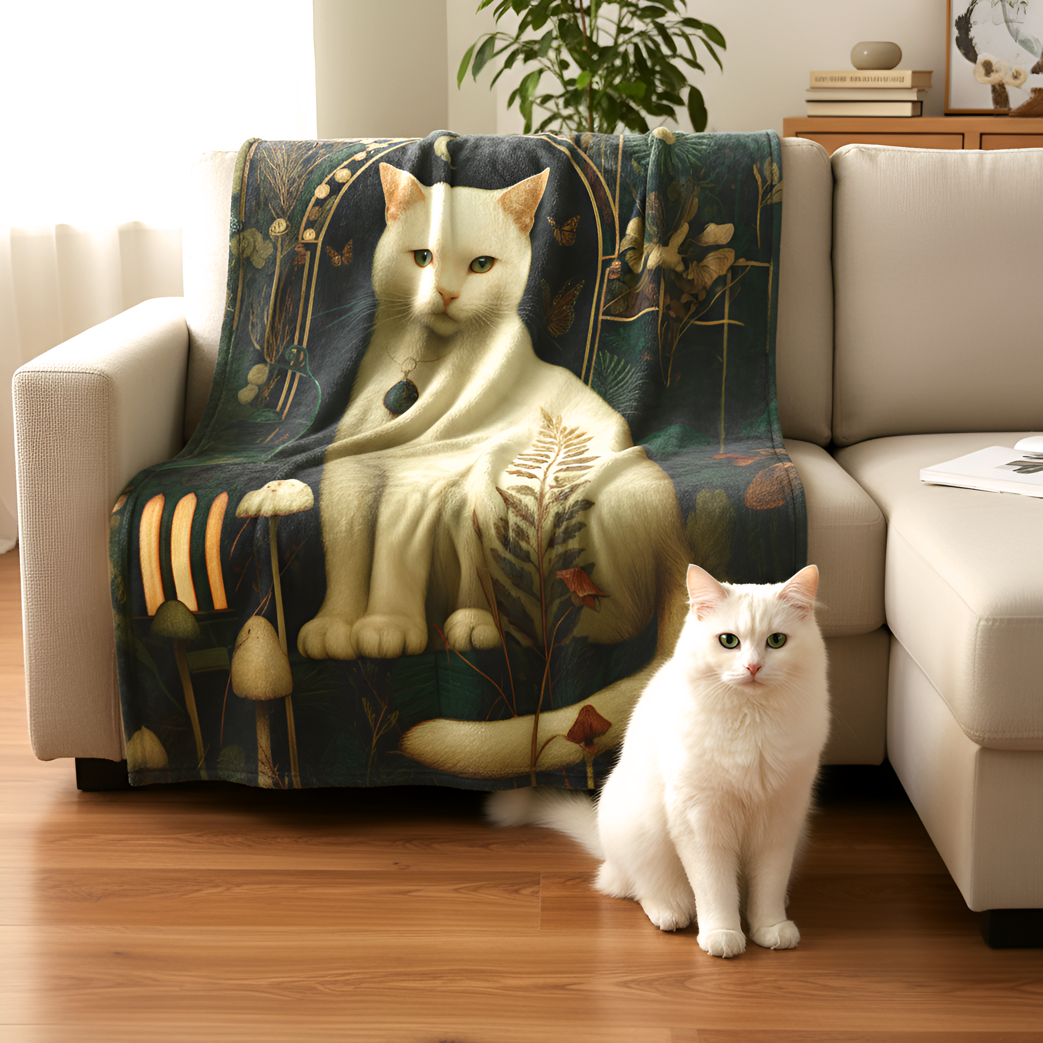 White cat sitting on a decorative blanket with a cat design, next to a beige sofa.