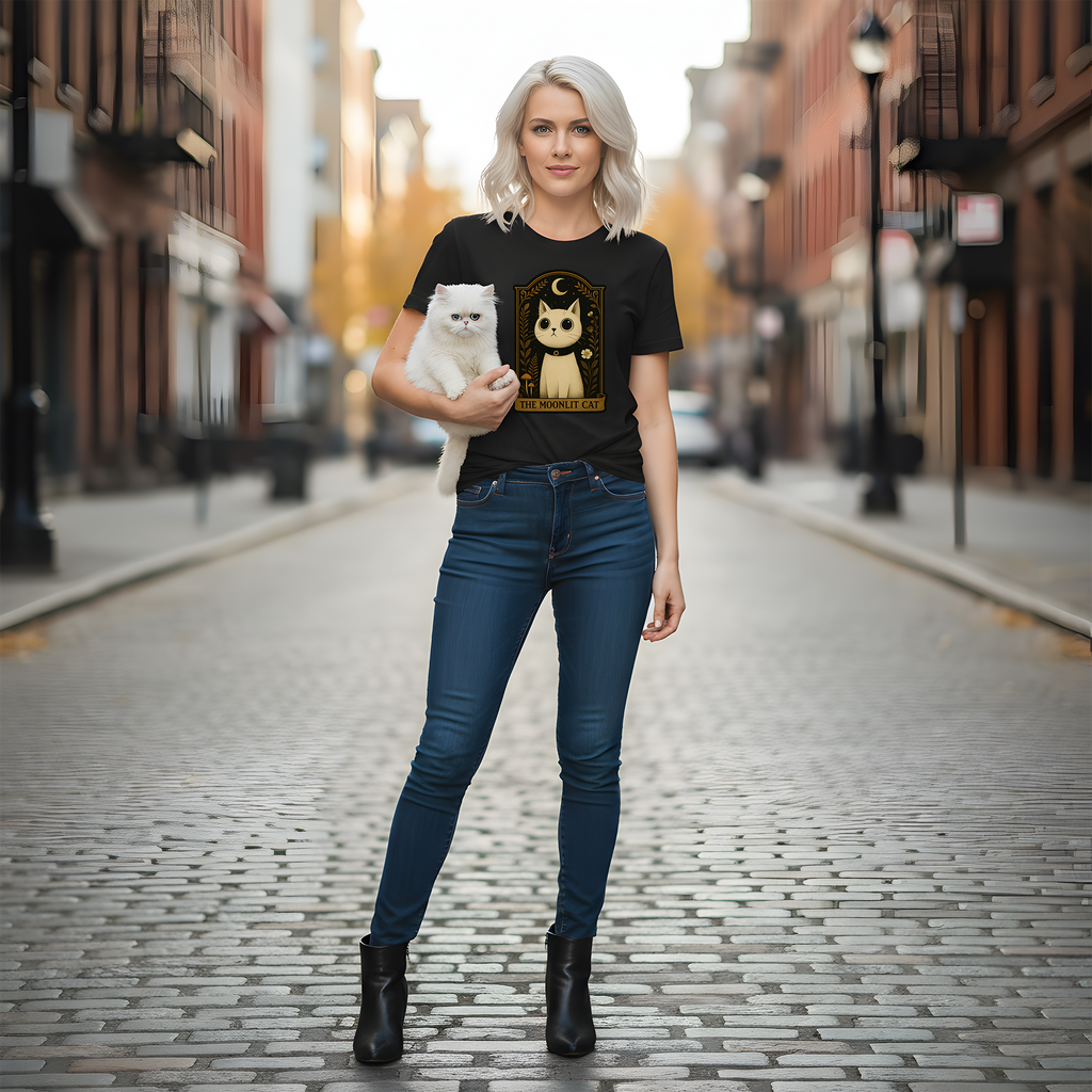 The Moonlit Cat T-Shirt | The Forest Garden Collection Mystical White Cat Tee for Fantasy
